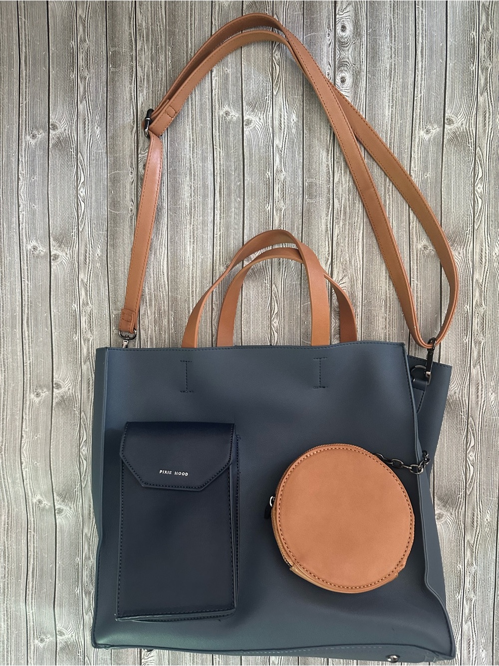 Two-Tone Navy and Tan Tote Bag with Detachable Pouch